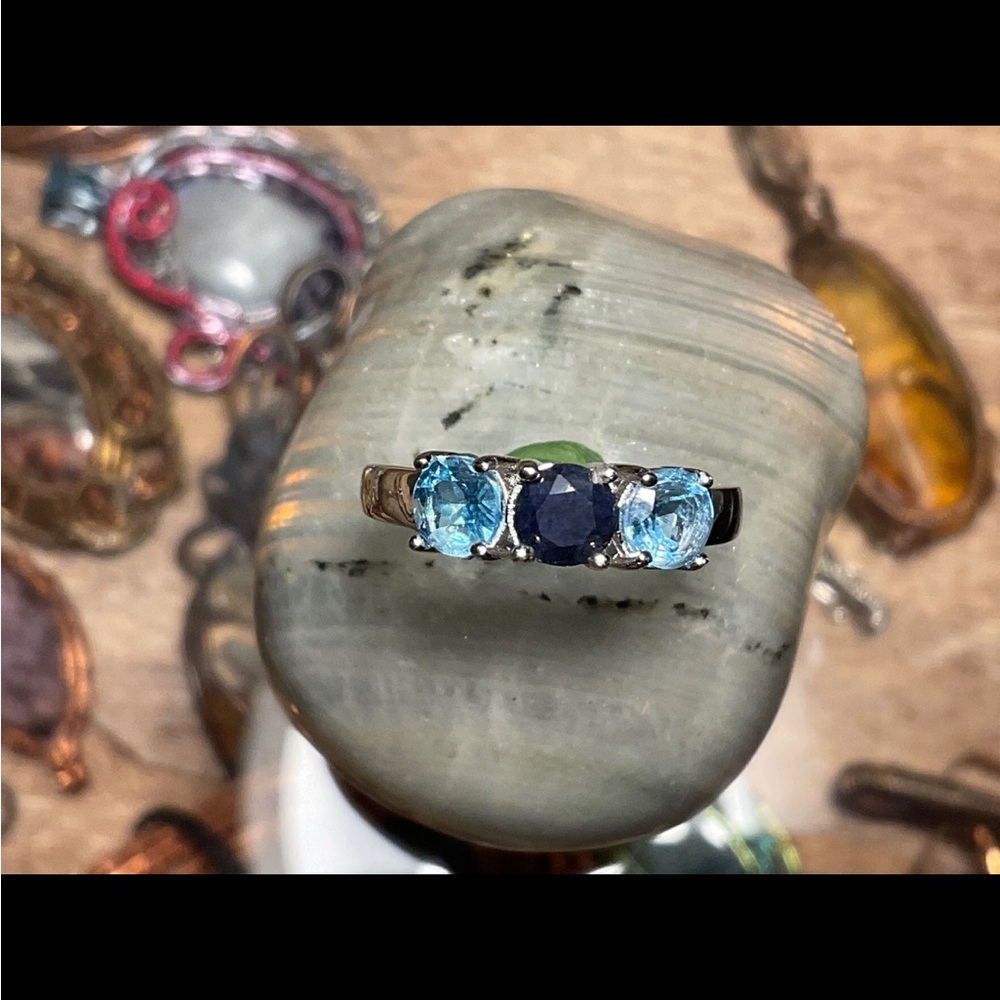 Aquamarine and Sapphire Silver Women's Ring 7